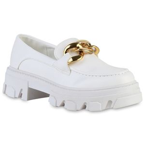 VAN HILL Damen Halbschuhe Plateauschuhe Ketten Slippers Profil-Sohle Schuhe 838344, Farbe: Weiß, Größe: 39
