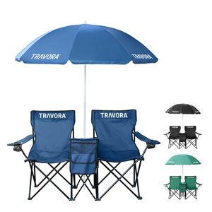 2er Partner Anglerstuhl Campingstuhl mit Sonnenschirm und Kühlfach, Farbe:Blau