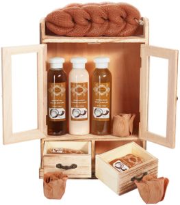 BRUBAKER Cosmetics Bade- und Pflegeset im Holzschrank - Wellness Badeset für Frauen - Damen Geschenkset mit Holz Dekoration, Kokosnuss Duft