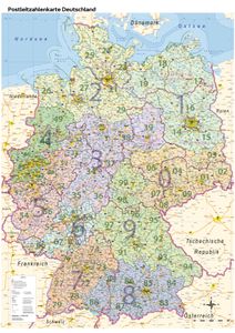 Postleitzahlenkarte von Deutschland, PLZ Wandkarte mit Laminierung, A0, 84 cm x 114 cm