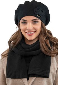 Vivisence damen baskenmütze eleganter wintermütze und schal set warm kopfbedeckung und halsbedeckung an winter und herbst warm dick, winterset für frauen, hergestellt in der eu, schwarz, einheitsgröße