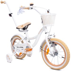 Dievčenský bicykel 14 palcový zvonček prídavné kolesá push bar Kvetinový bicykel ecru biely
