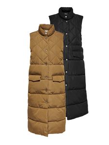 ONLY Damen lange Stepp-Weste OnlStacy Waistcoat wattierte Übergangs-Jacke Kragen, Farbe:Schwarz, Größe:XL