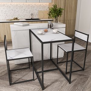 Esszimmer Esstisch Küchentisch Set mit 2 Essensstühl Holz Essgruppe für Küche Esszimmer Wohnzimmer für 2 Personen, Weißer Marmor