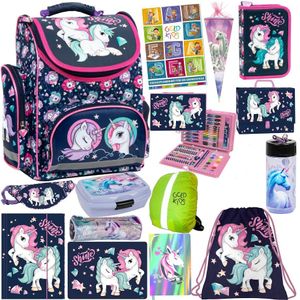 Einhorn Schulranzen XXL Set 16er Ranzen Tornister Federmappe Turnbeutel Gummizugmappe Zuckertüte Brotdose Trinkflasche Aufgabenheft Aktentasche Unicorn Motiv