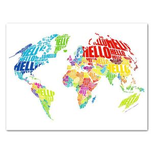Leinwandbild Weltkarte, Querformat, Hello World Landkarte M0310 – Extragroß - (100x75cm)