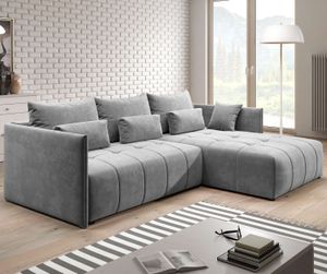FURNIX Aliicia Eckcouch L-Form  Couch Sofa Schlafsofa mit Schlaffunktion Bettkasten und Kissen modern Hellgrau MH 85