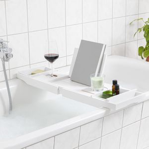 Navaris Bambus Badewannenablage Frühstückstablett ausziehbar - Buch Ablage Weinglas Halterung - Tablett für Badewanne und Bett - aus Holz in Weiß