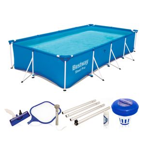 Bestway Steel Pro Framepool 400 x 211 cm mit Reinigungset (bundle) - Stahlrahmen Schwimmbecken mit 7-teilige Pflegeset - Blau