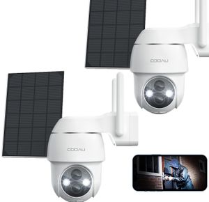 COOAU Überwachungskamera Aussen Solar Akku, 2K PTZ 355°/90° Kabellos WLAN IP Kamera ​Outdoor mit PIR Bewegungsmelder, Farbige Nachtsicht，Spotlight，IP66 ,2-Wege-Audio, Cloud-Speicher 2PCS