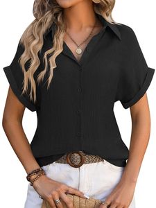 Damen Blusen Button Tunic Shirt Casual Tops Lose Hemden Locker Sommer Shirts Oberteile Schwarz,Größe M
