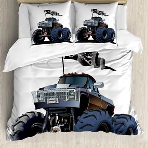 ABAKUHAUS Autos Bettbezug, Monster Truck-Pirat, Milbensicher Allergiker geeignet mit Kissenbezügen, 200 cm x 200 cm - 80 x 80 cm, Kadett-Blau Weiß