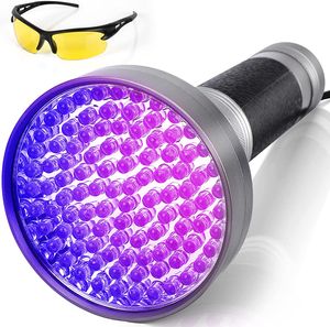 UV Taschenlampe, Schwarzlichtlampe mit 100 UV LEDs, mit UV-Schutzbrille, für Urinflecken-Detektion Bernstein und Skorpionen Suche