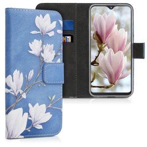 kwmobile Wallet Case kompatibel mit Samsung Galaxy A20e Hülle - Cover mit Ständer und Kartenfächern - Magnolien Taupe Weiß Blaugrau