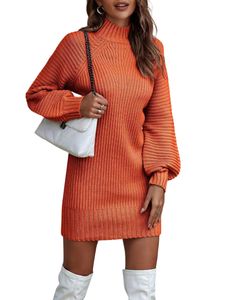 ASKSA Damen Strickkleid Rollkragen Pullikleid Elegant Pulloverkleid Freizeit Midikleid Tops, Orange, S
