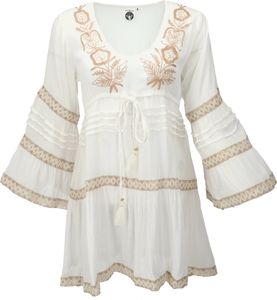 Boho Krinkelbluse, Bestickte Hippie Tunika - Naturweiß, Damen, Viskose, Größe: S