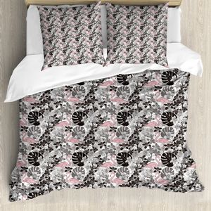 ABAKUHAUS Flamingo Bettbezug, Orchid Palm, Milbensicher Allergiker geeignet mit Kissenbezügen, 155 cm x 220 cm - 80 x 80 cm, Coral Schwarz Grau