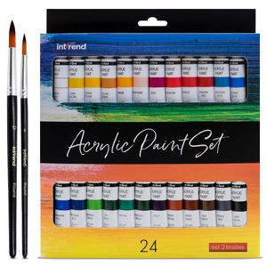 int!rend Acrylfarben Set - 24x Farben je 12 ml + 2 Pinsel - Acryl Farbe für Holz , Leinwand , Ton , Steine & Gips - Acrylfarbe für Modellbau und zum B Acryl Set, 12ml