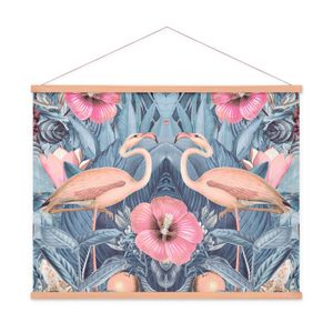 Stoffbild Kakemono mit Posterleisten Holz Natur Blumen Grau Vogel Flamingo Blume, Größe: 22 x 22 cm