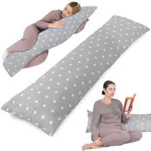 Seitenschläferkissen mit Bezug Baumwolle 40 x 145 cm - Komfortkissen Schlafkissen Seitenschläfer Body Pillow Seitenschlafkissen Weiße Sterne auf Grau