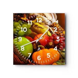 Wanduhr - Quadrat - Glasuhr - Weidenkorb Obst Gemüse - 30x30cm - Schleichendes Uhrwerk - Lautlos - zum Aufhängen bereit - Dekoration Modern - Wanddekoration aus Glas - C4AC30x30-0406
