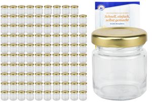 100er Set Sturzglas 53 ml To 43 goldener Deckel Portionsgläser Marmeladengläser incl. Rezeptheft