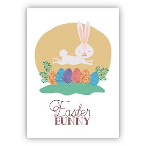 4x Lustige Osterkarte mit bunten Eiern und springendem Hasen: Easter Bunny für Familie und Freunde