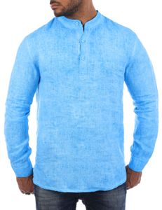 Young & Rich Herren Leinen langarm Shirt mit Knopfleiste Henley Tunika Hemd regular fit 100% Leinen H1652 / T3168, Grösse:L, Farbe:blau-melange