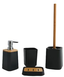 MSV Badezimmer Set, 4-teiliges Badzubehör aus Kunststoff Kamla Seifenspender, WC Bürste, Seifenschale und Zahnputzbecher matt Schwarz Bambus