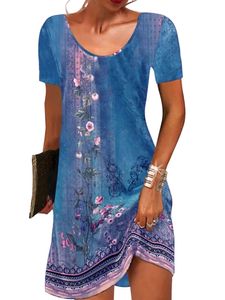 Damen Kurzärmel Mini Kleider Urlaub Blumendruck Sommerkleid Böhmen Blusenkleider Blau,Größe 3xl