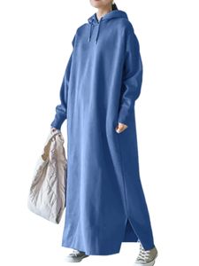 Damen Sweatshirt Kleid Feiertagseite Schlitz Maxi Kleid Einfach Fleece Gefüttertes Pullover Hoodie, Farbe: Blau, Größe: S