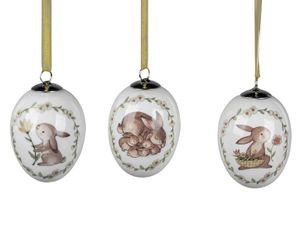 3er Set Dekohänger Eier KLASSIK mit Hasen H. 8cm Steingut Formano F24