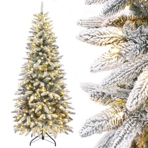 Yorbay 180cm Künstlicher Weihnachtsbaum Slim mit Beleuchtung LED Tannenbaum für Weihnachten-Dekoration, Schneebeflockt, Schmal, Weiß