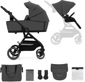 Kinderkraft YOXI wózek 2w1 do 27 kg - gondola i nosidełko - lekki - koła odporne na przebicie - TRAVEL SYSTEM - szary