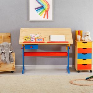 Kinderschreibtisch FLEXI mit Kippfunktion und Höhenverstellung, praktischer Schreibtisch aus massiver Kiefer bunt lackiert