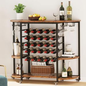 Iropro Weinregal, Weinschrank für 25 Flaschen, Weinständer mit Glashalter und Tischplatte, Weinregale auf Rollen, Wein Aufbewahrung, Barschrank Holz, 119 x40 x 101 cm