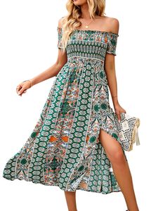 Damen Kurzarm Langes Kleid Urlaub von Schulter Maxi Kleider Casual Blumendruck Sommerstrand Sunddress,Farbe:Grün,Größe:L