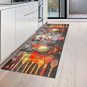 Küchenläufer Teppich waschbar mit Kochlöffeln und bunten Gewürzen Größe - 80 x 200 cm