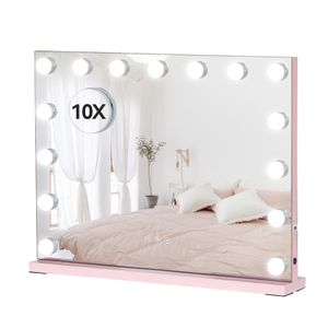 Puluomis Kosmetikspiegel Hollywood 58x45cm, Schminkspiegel mit Beleuchtung, 15 LED 3 Farben Dimmbar mit USB,10 fach Vergrößen, Wandspiegel rosa pink