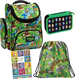 Schulranzen für Jungen und Mädchen - Schul-Rucksack für Kinder mit Federmäppchen - Schuhbeutel und Hausaufgabenheft - Minecraft Motiv