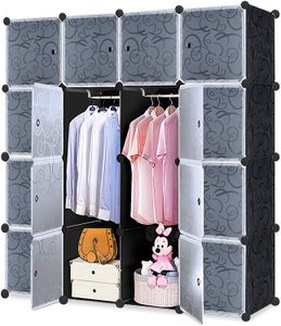 NAIZY Faltbare Kleiderschränke Steckregalsystem Garderobenschrank für Kleideraufbewahrung zum Aufbewahren und Organisieren von Spielzeug Kleidung Büchern Schwarz Geprägt 16 Gitter