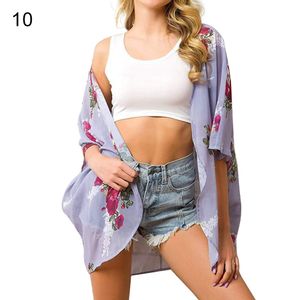 Frauen Halbärmel Bikini mit Blumenmuster Bedecken Sie lose Kimono-Strickjacke aus Chiffon 10 # L / XL