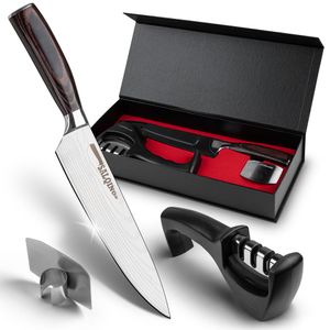 Salqinos Küchenmesser - Profimesser aus hochwertigem Carbon Edelstahl mit Messerschäfer 3 Stufen und Fingerschutz