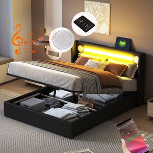 Flieks čalúnená posteľ 140x200cm s USB a Bluetooth prehrávačom, posteľ s boxovou pružinou, manželská posteľ s LED a lamelovým roštom, úložná posteľ pre mladých, PU, čierna