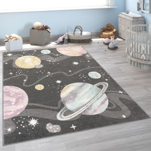 Kinderteppich Teppich Kinderzimmer Junge Mädchen Weltraum Planeten Anthrazit, Grösse:120x160 cm