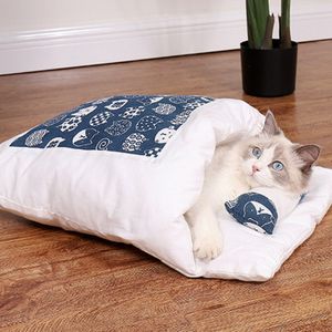 Katzenschlafsack, Katzenbetthöhle, süßes Katzenbett mit abnehmbaren Kissen, weiche Haustiermatte, maschinenwaschbares Haustierbett,Blaues Katzenmuster-L