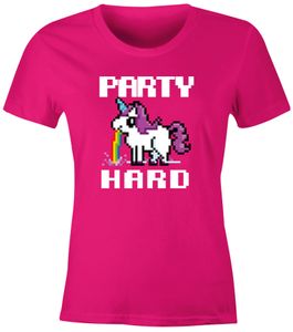 Damen T-Shirt Party Hard kotzendes Einhorn Fun-Shirt Saufsprüche Spruch lustig Moonworks® pink XXL
