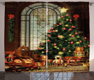 ABAKUHAUS Weihnachten Rustikaler Vorhang, Magischer Weihnachtsbaum, Wohnzimmer Universalband Gardinen mit Schlaufen und Haken, 280 x 225 cm, Braun Grün Rot