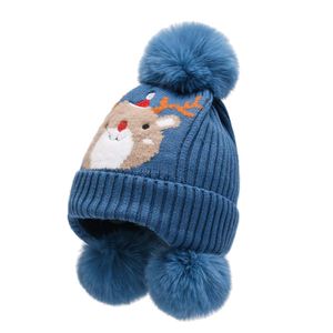Kinder-Mütze, Cartoon-Tier-Muster, Herbst-Winter, flauschige Pompons, passend für Kleinkinder, für den Außenbereich, Blau