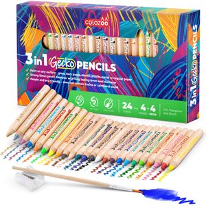 Colozoo - 3 In 1 Farbstifte Set (24 Farben) | Dicke Buntstifte Set inklusive Pinsel und Anspitzer | Ungiftige und Vegane Farben für Kinder ab 3 Jahren